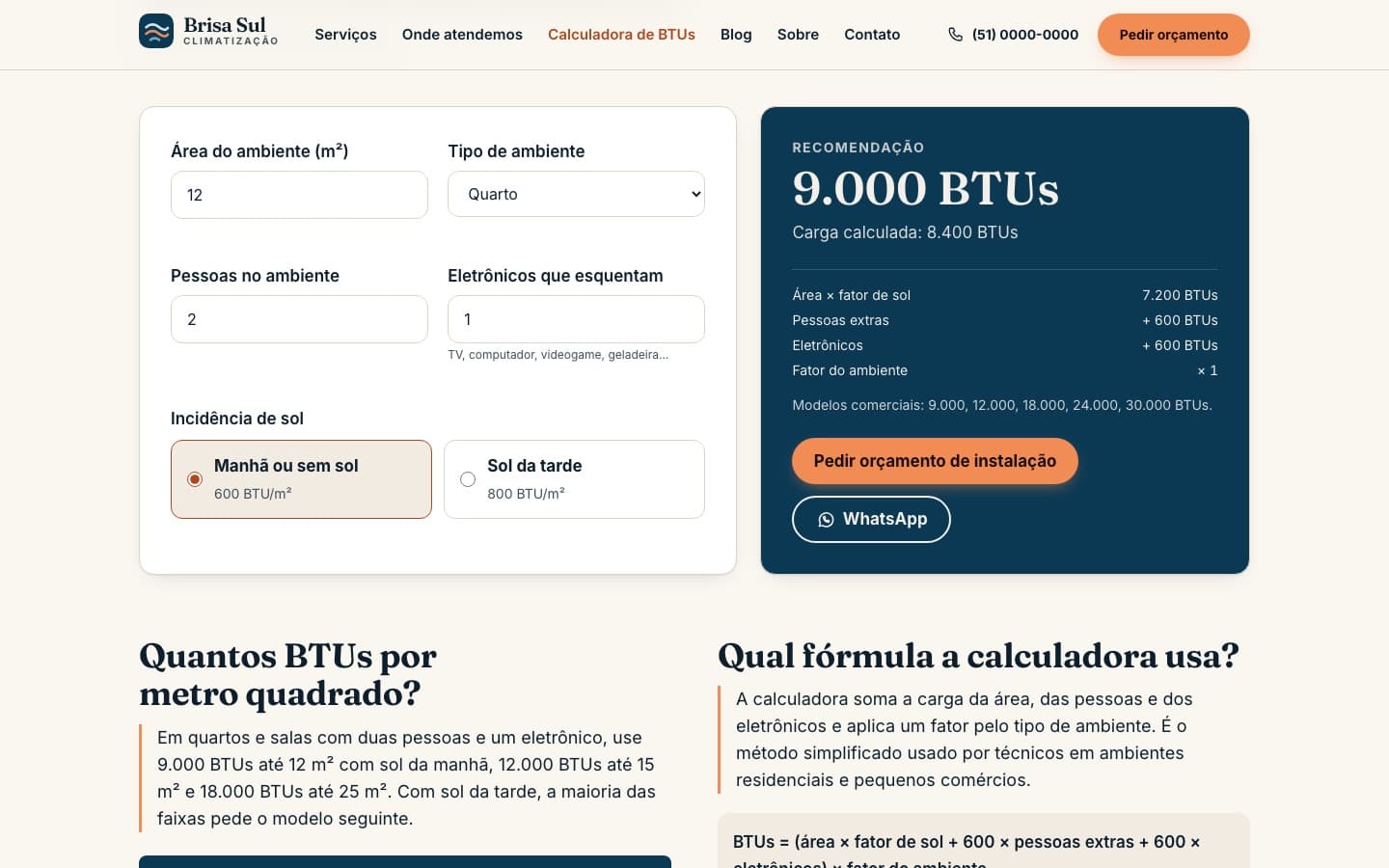Calculadora de BTUs com área, tipo de ambiente, pessoas, eletrônicos e sol, recomendando 9.000 BTUs