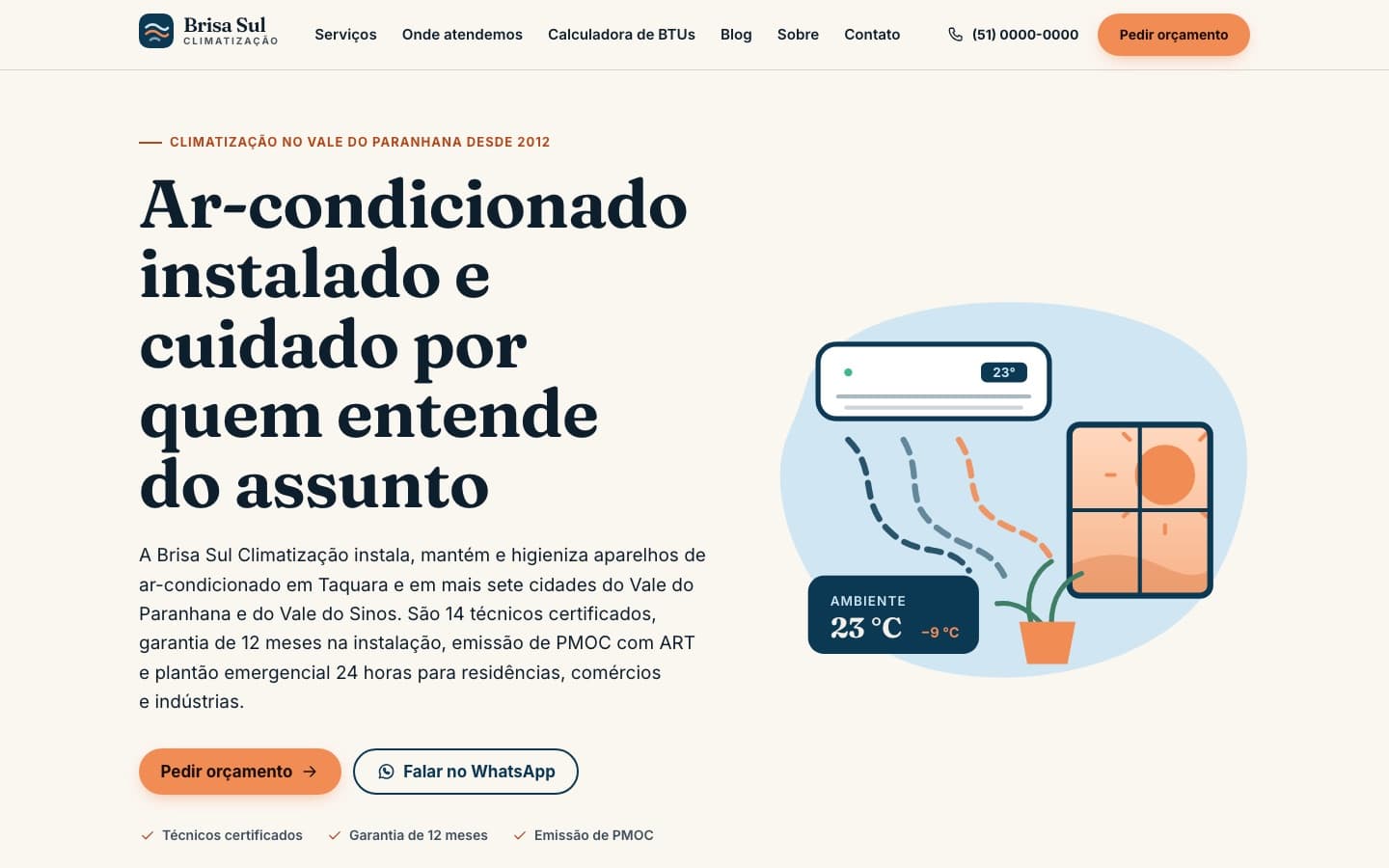 Página inicial da Brisa Sul Climatização, com chamada "Ar-condicionado instalado e cuidado por quem entende do assunto" e botões para pedir orçamento e falar no WhatsApp