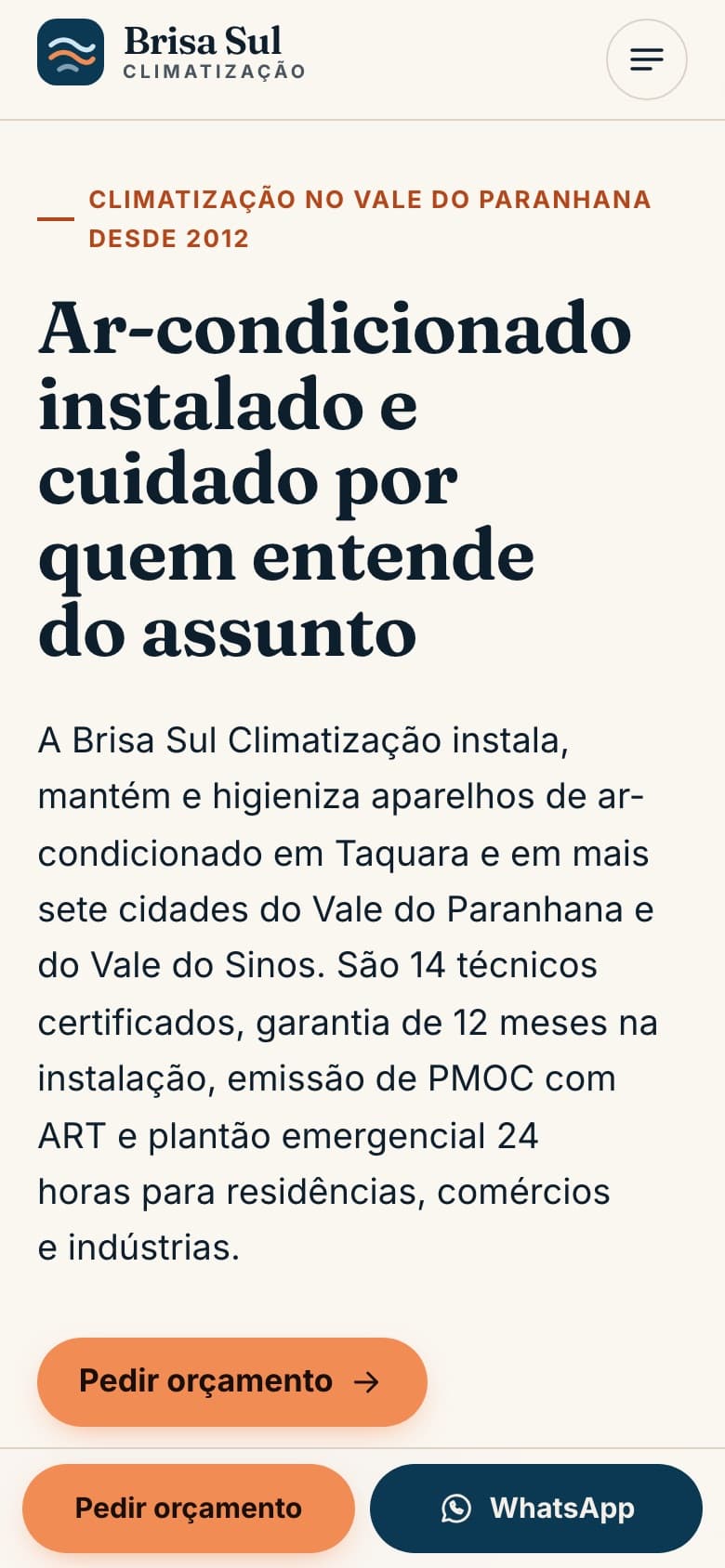 Página inicial da Brisa Sul no celular, com botões de orçamento e WhatsApp fixos no rodapé