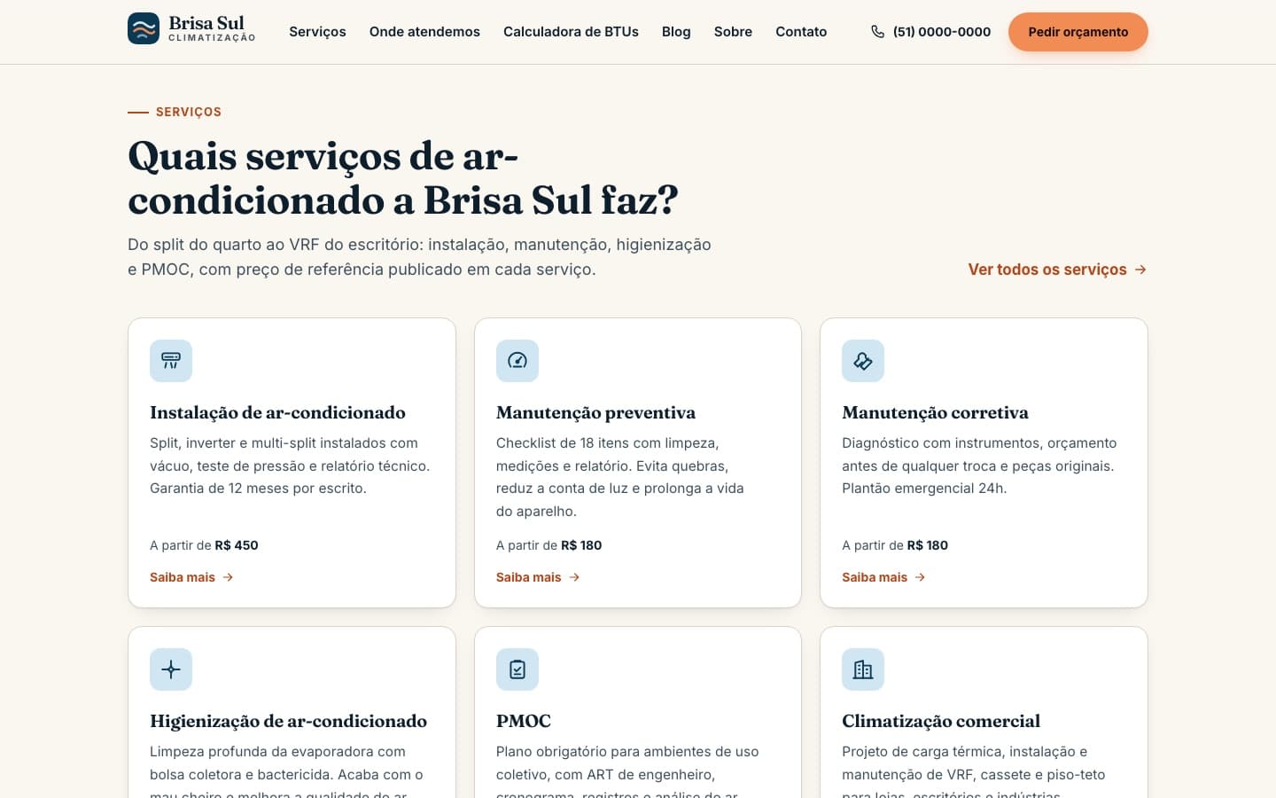 Serviços da Brisa Sul em cards, cada um com descrição e preço a partir de