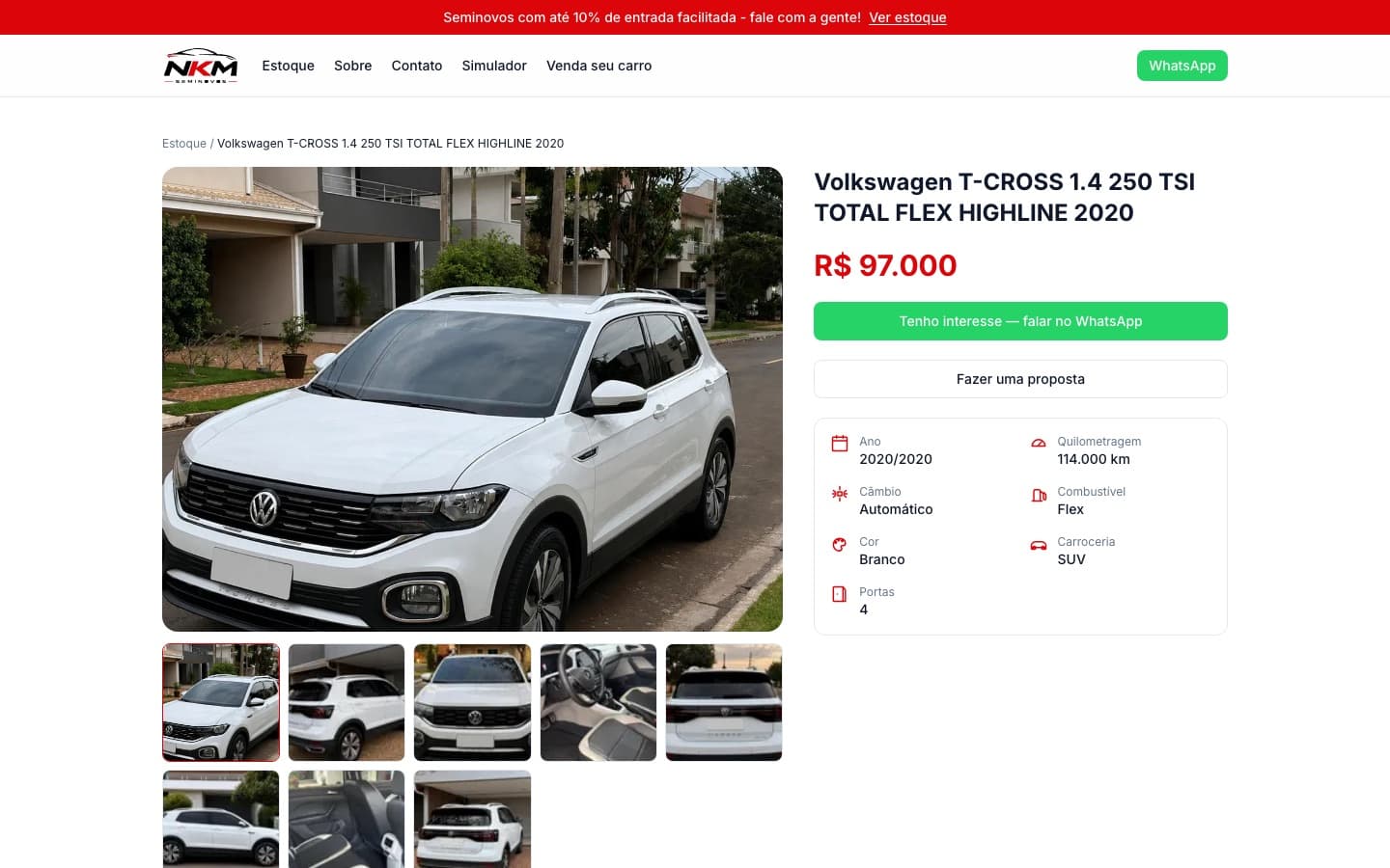 Página de um Volkswagen T-Cross com galeria de fotos, preço, botão de WhatsApp e ficha técnica