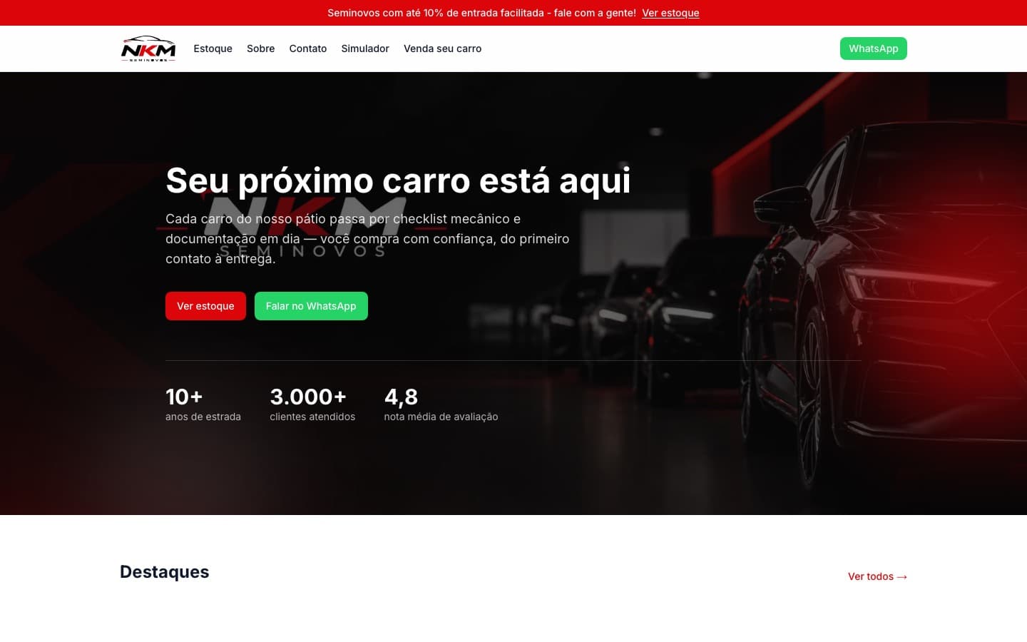 Página inicial do NKM Seminovos, com chamada "Seu próximo carro está aqui" e botões para ver o estoque e falar no WhatsApp