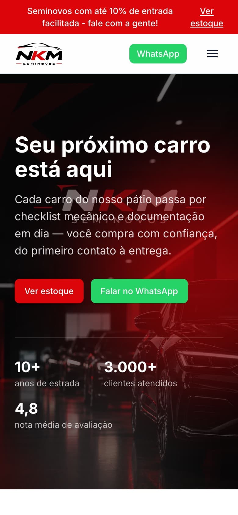 Página inicial do NKM Seminovos no celular