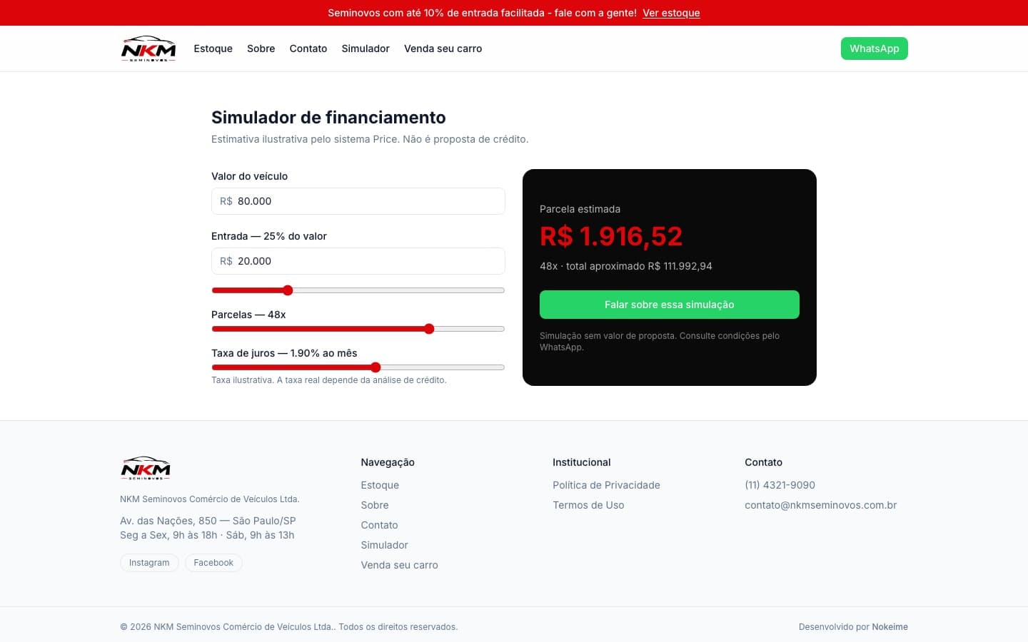 Simulador de financiamento com valor do veículo, entrada, parcelas e parcela estimada