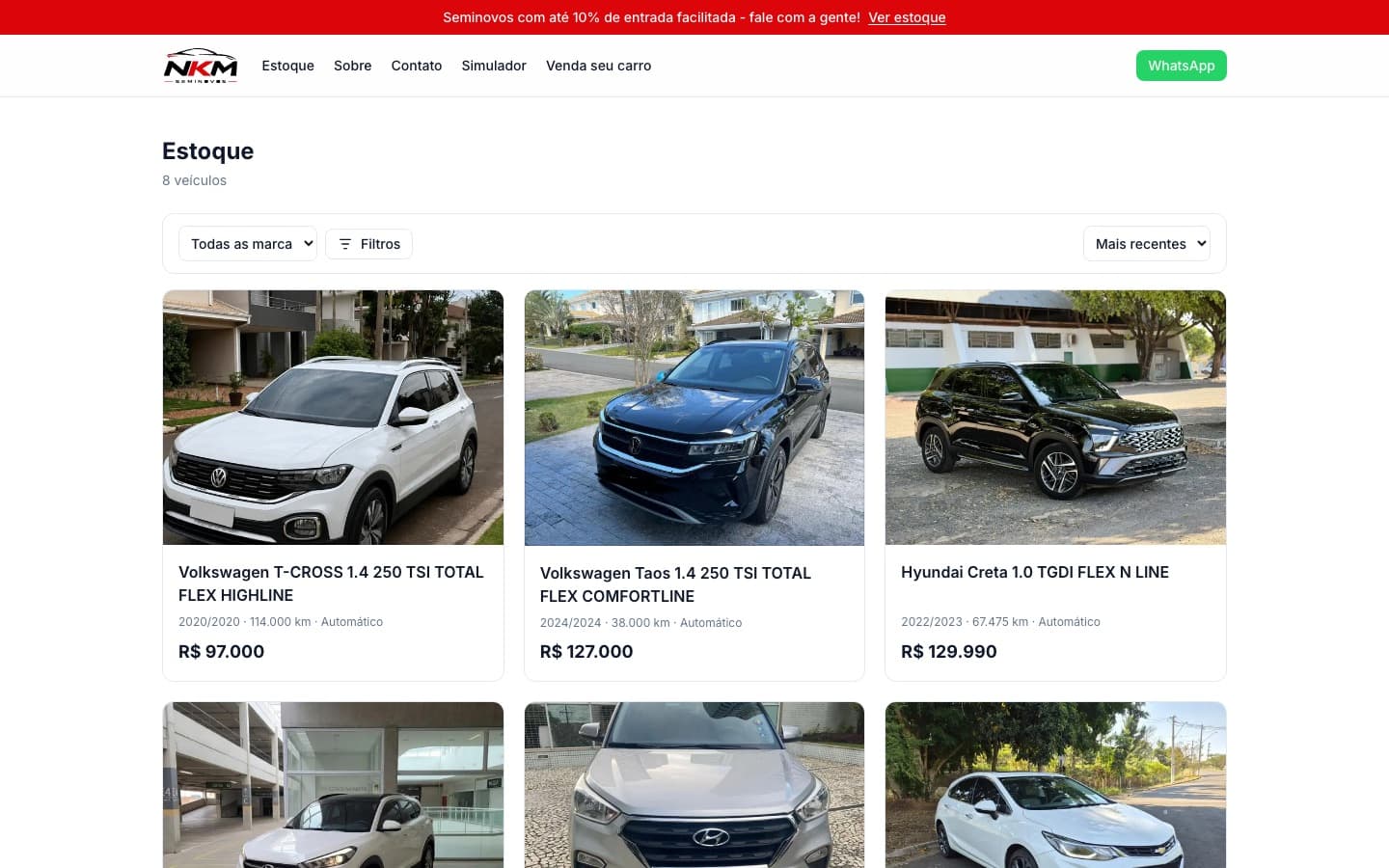 Estoque do NKM Seminovos em grade, com filtro por marca, foto, ano, quilometragem e preço de cada carro