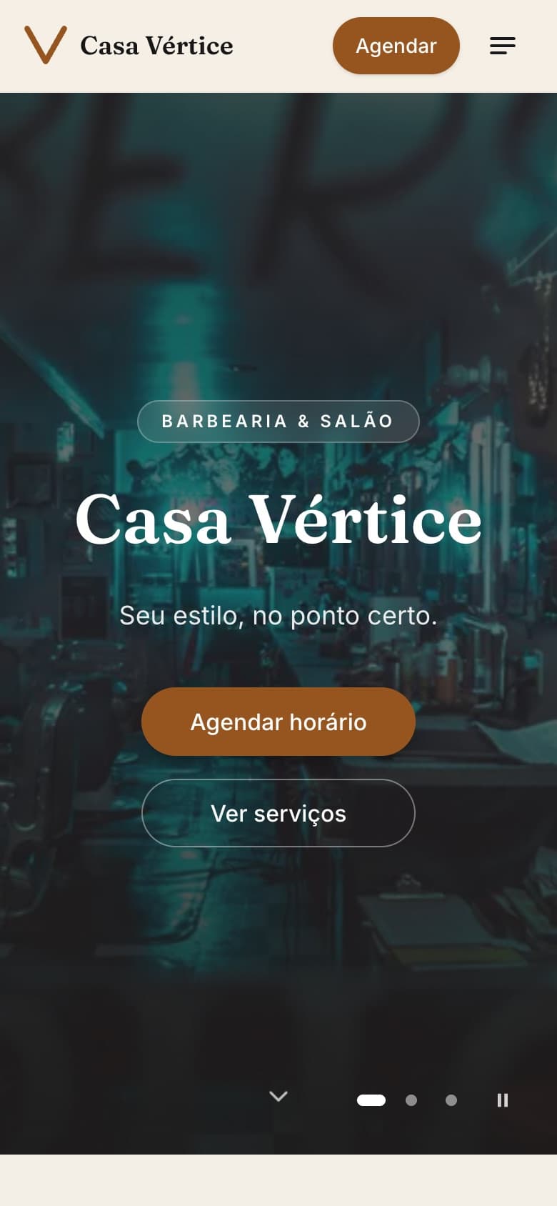 Página inicial da Casa Vértice no celular