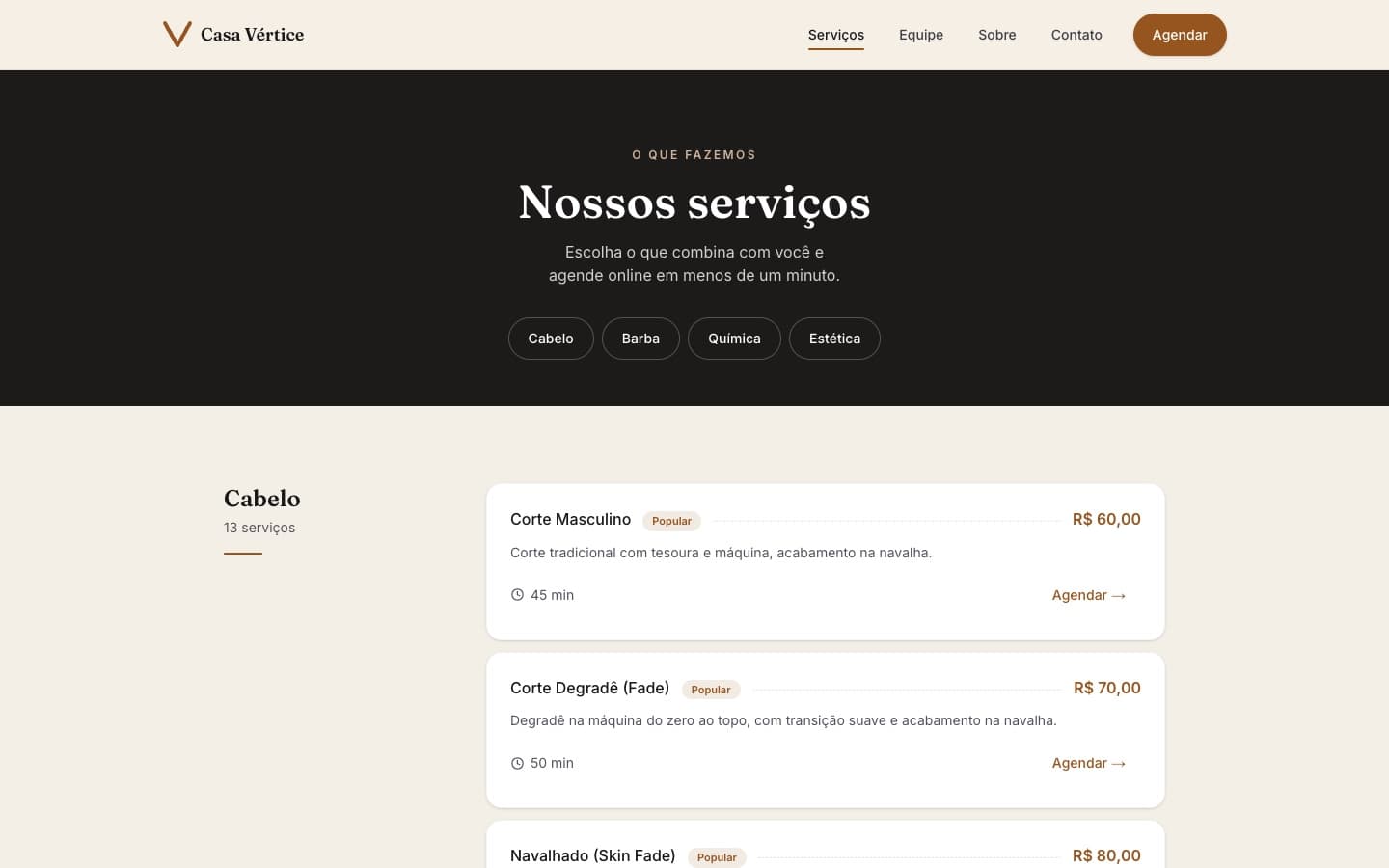 Página de serviços da Casa Vértice com categorias, preço, duração e botão de agendar