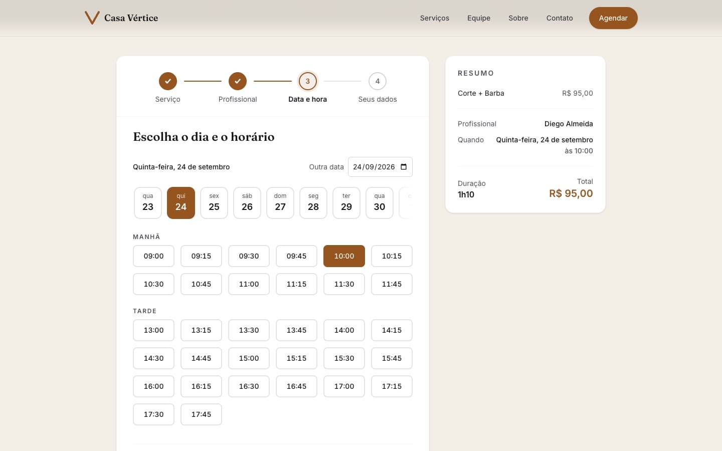 Terceiro passo do agendamento: data e grade de horários livres, com 10:00 selecionado